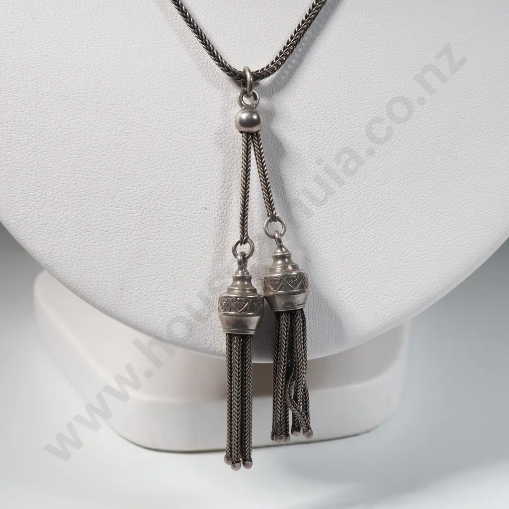 Vintage Sterling Silver Square Herringbone Chain With Two Suspended Tassels Image 1++