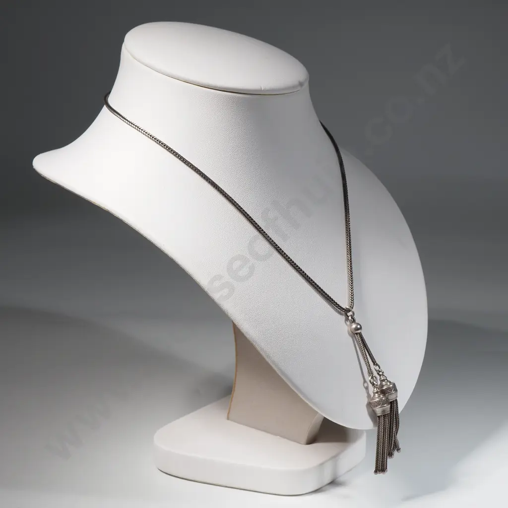 Vintage Sterling Silver Square Herringbone Chain With Two Suspended Tassels Image 1++