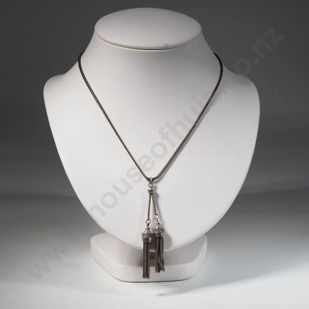 Vintage Sterling Silver Square Herringbone Chain With Two Suspended Tassels Image 1++