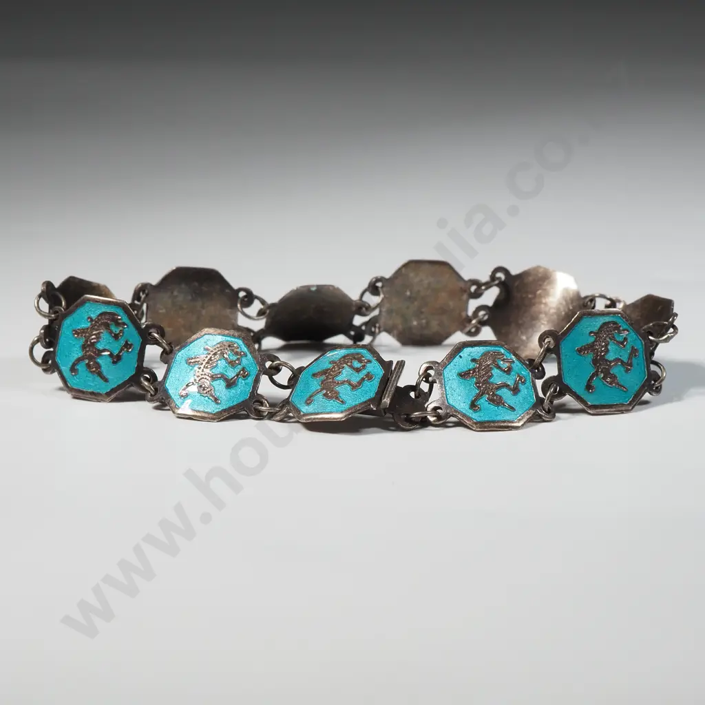 Sterling Silver Siamese Sectional Bracelet Featuring Turquoise Enamel & Dancers. Image 1++