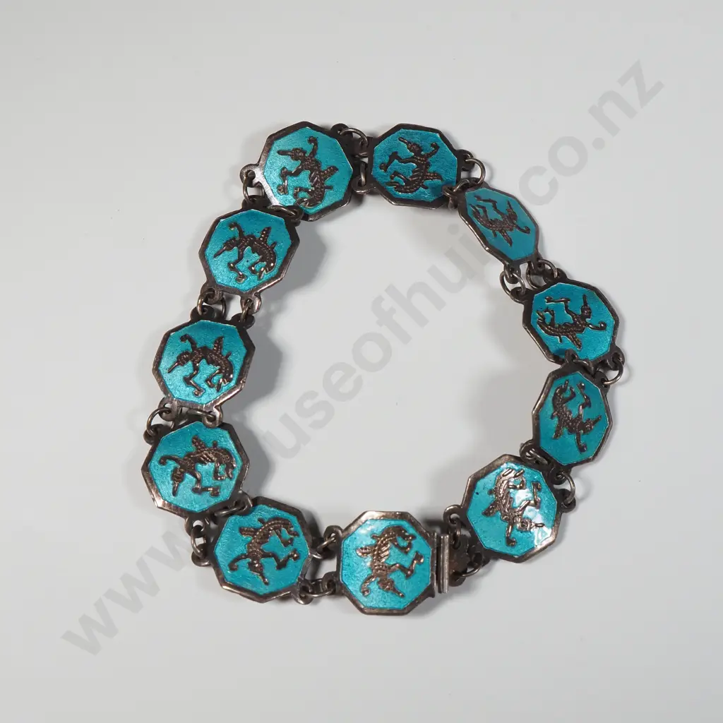 Sterling Silver Siamese Sectional Bracelet Featuring Turquoise Enamel & Dancers. Image 1++
