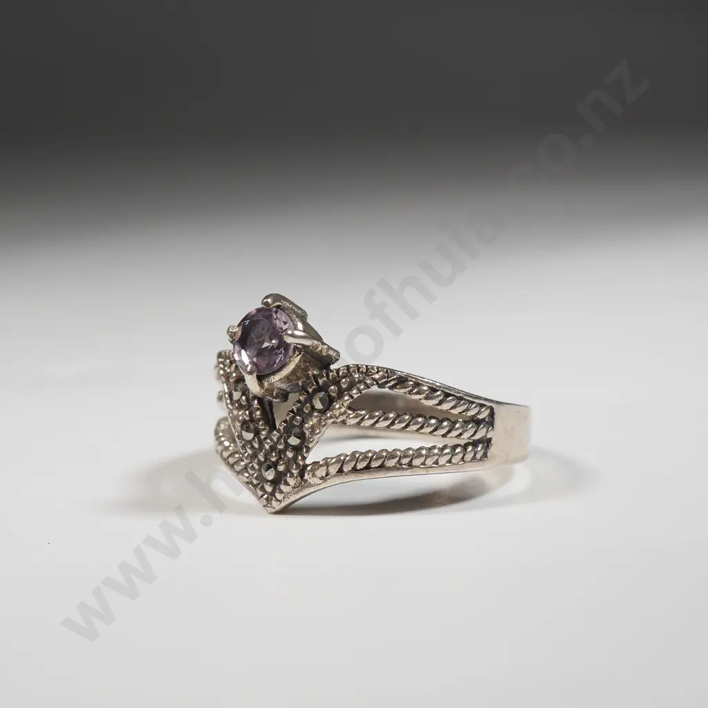 Sterling Silver & Marcasite Ring Set With A Purple Stone  Image 1++