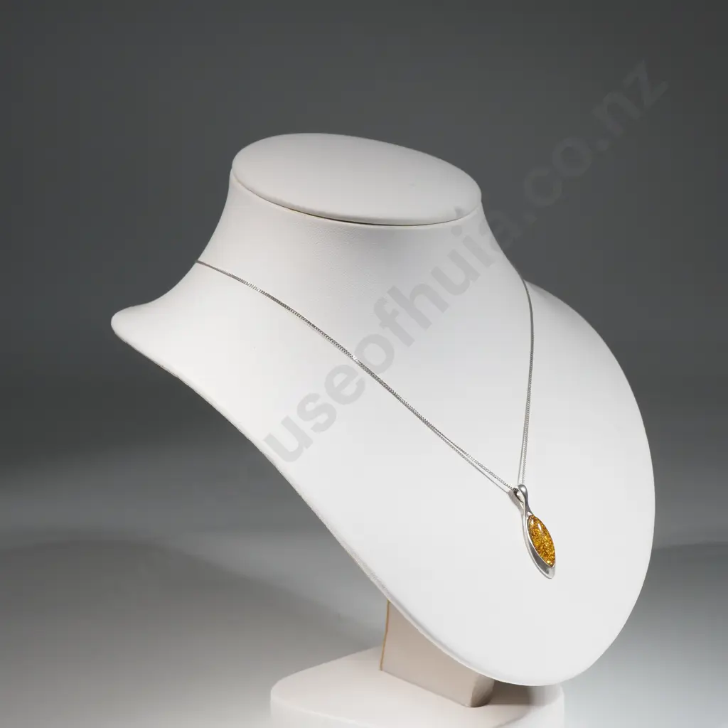 Sterling Silver & Amber Tear Drop Shaped Pendant with Chain Image 1++