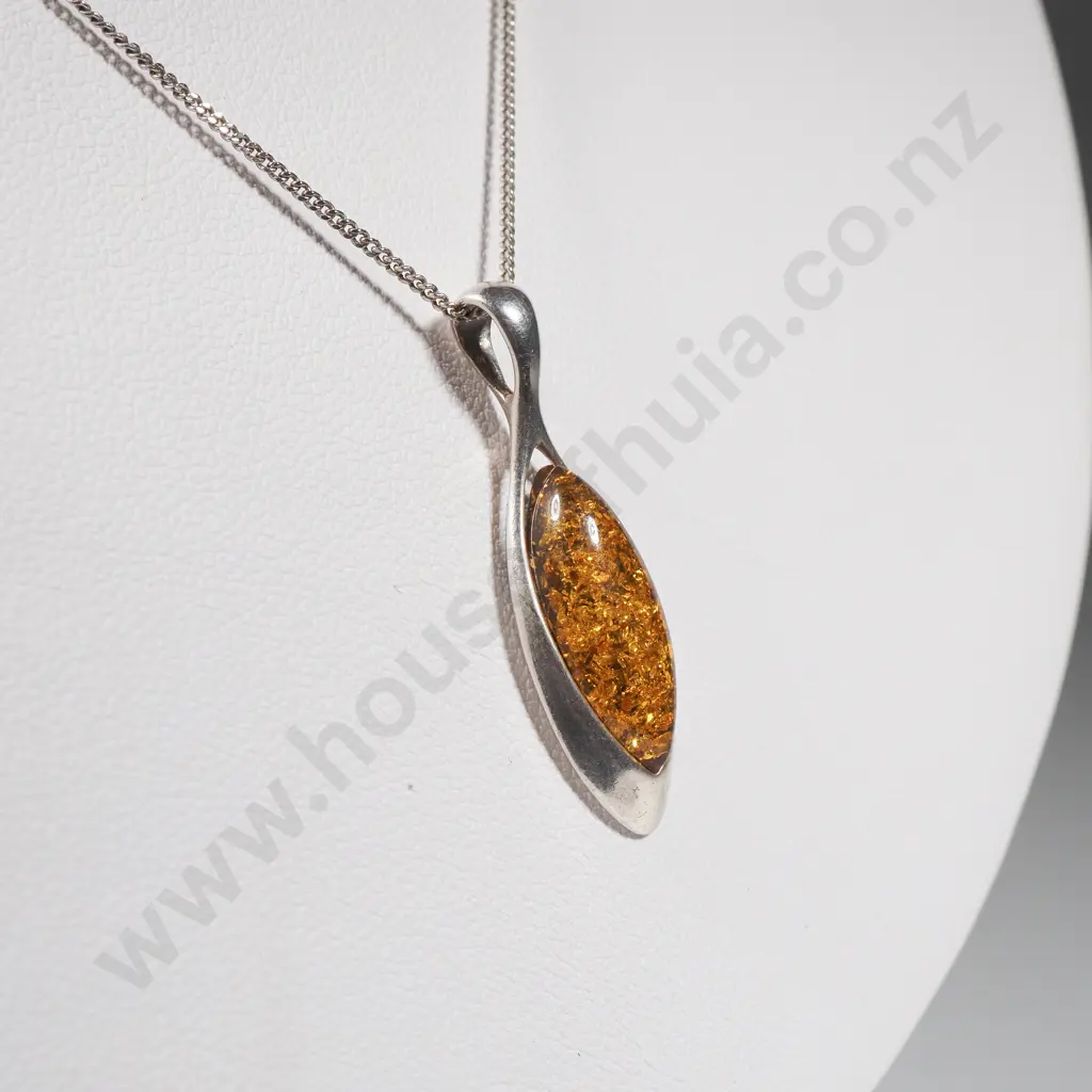 Sterling Silver & Amber Tear Drop Shaped Pendant with Chain Image 1++