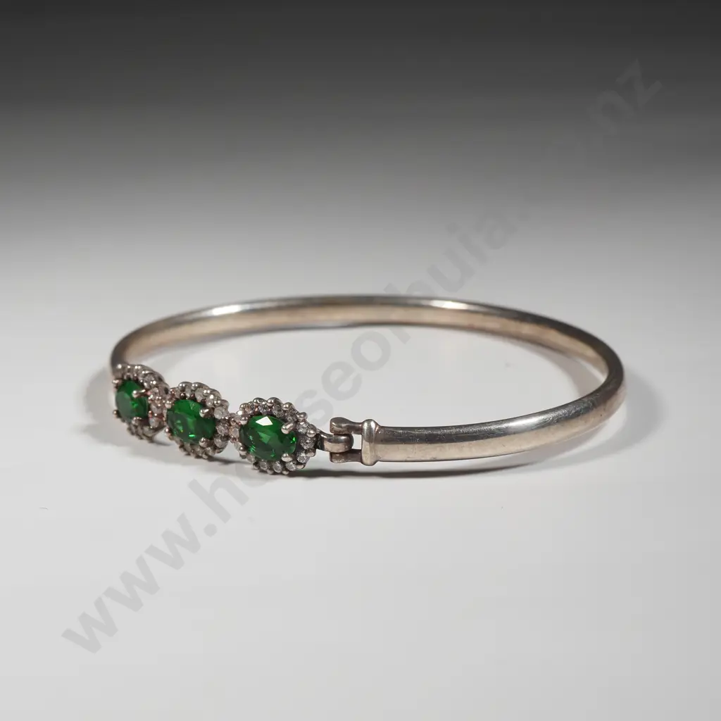 Sterling Silver Bangle Set With Three Oval Greenstones Surrounded By White Stone  Image 1++