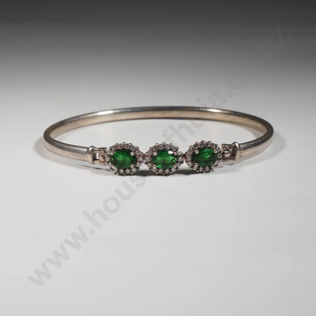 Sterling Silver Bangle Set With Three Oval Greenstones Surrounded By White Stone  Image 1++