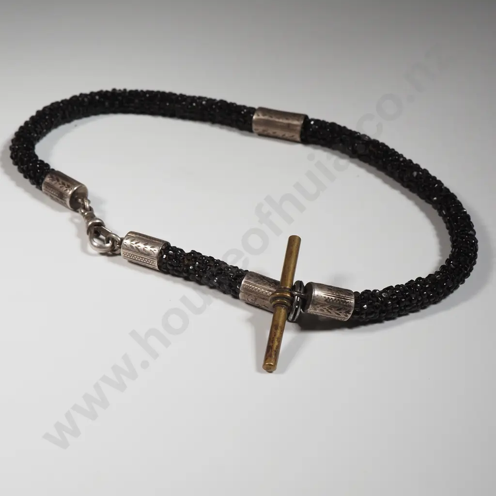 Victorian Black Stone Watch Chain With Silver Mounts  Image 1++