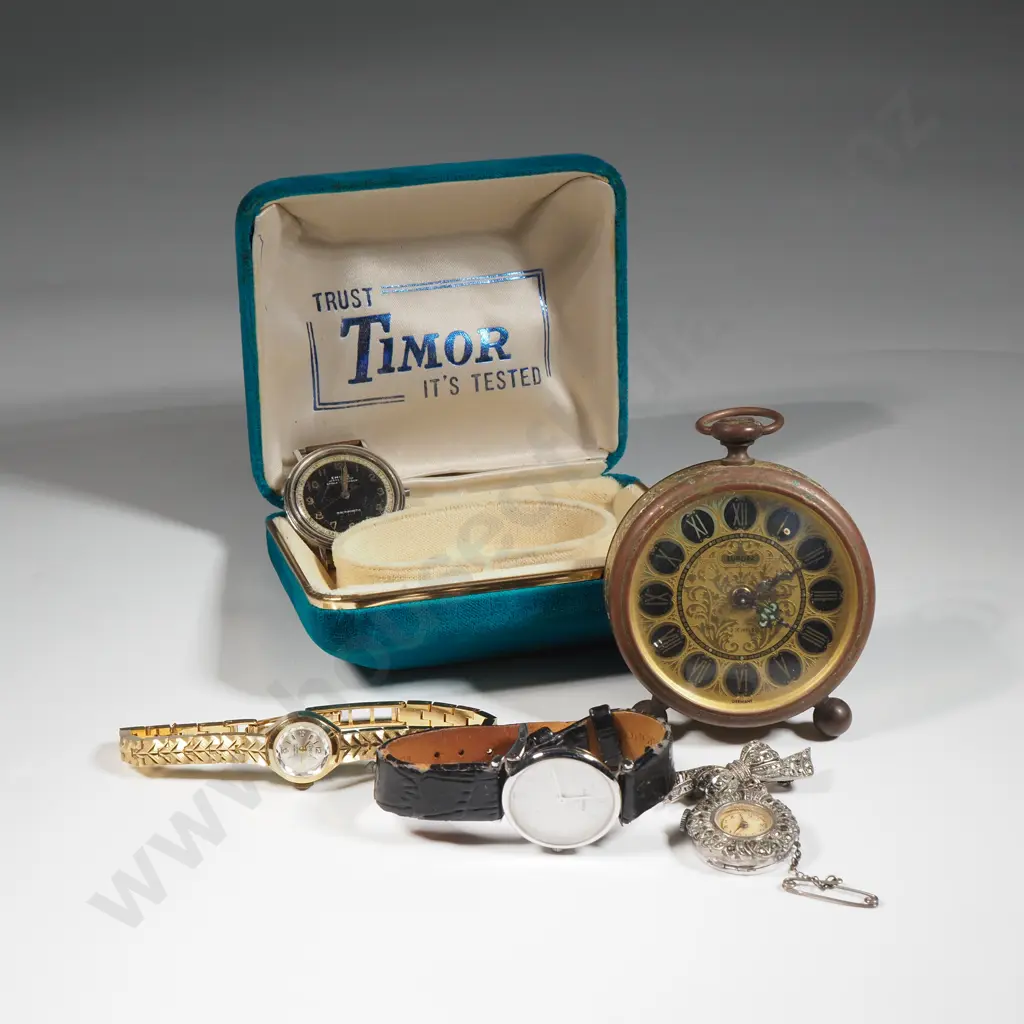 Three Watches, A Marcasite Fob Watch & Alarm Clock.A/F Image 1++