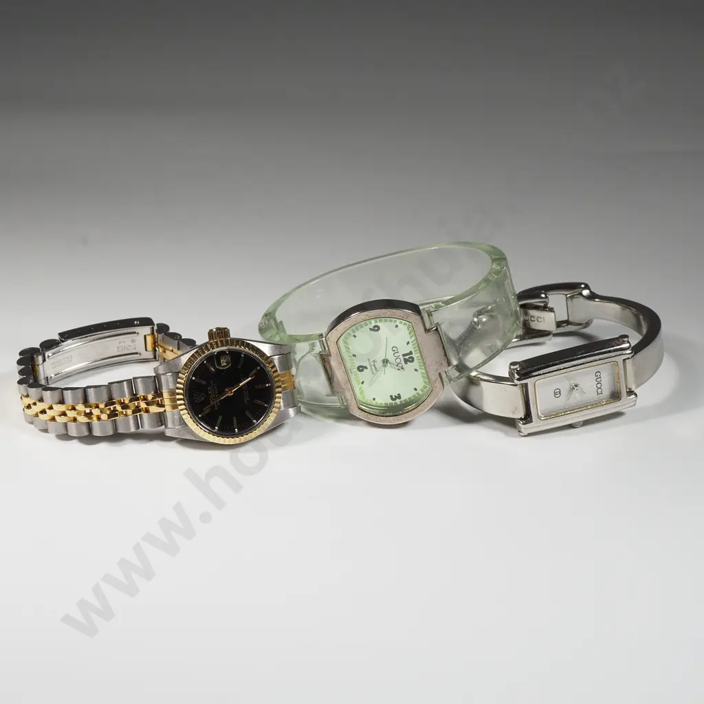 Three Ladies Wristwatches Including Two Gucci Watches & A Replica Rolex Watch  Image 1++