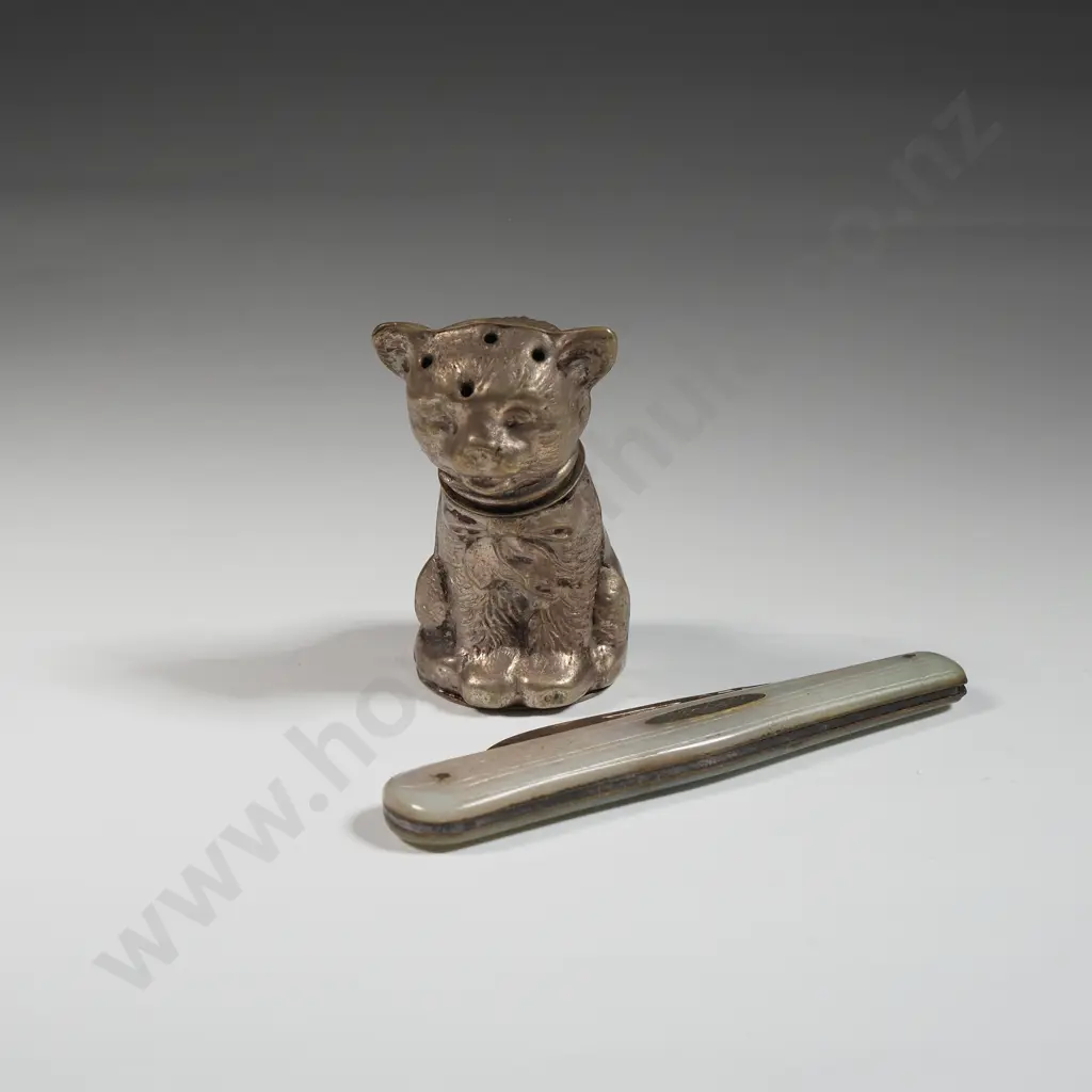 Novelty EPNS Pepper Shaker In the Form Of A Cat & A Mother Of Pearl Fruit Knife With Sterling Silver Blade.  Image 1++