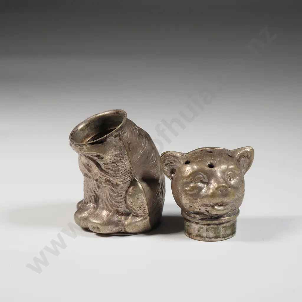 Novelty EPNS Pepper Shaker In the Form Of A Cat & A Mother Of Pearl Fruit Knife With Sterling Silver Blade.  Image 1++