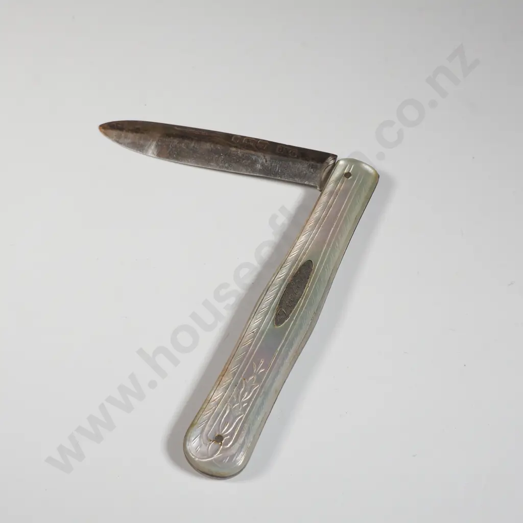 Novelty EPNS Pepper Shaker In the Form Of A Cat & A Mother Of Pearl Fruit Knife With Sterling Silver Blade.  Image 1++