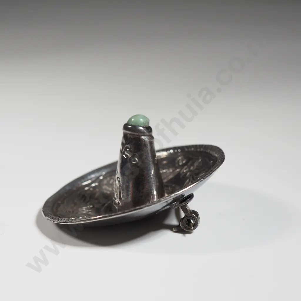 Sterling Silver Mexican Brooch in the Form Of A Sombrero With An Inset Turquoise Image 1++