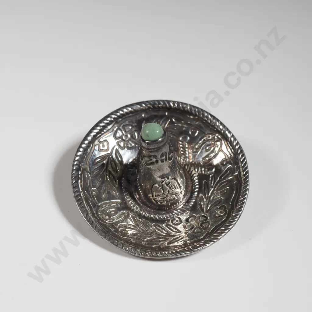 Sterling Silver Mexican Brooch in the Form Of A Sombrero With An Inset Turquoise Image 1++