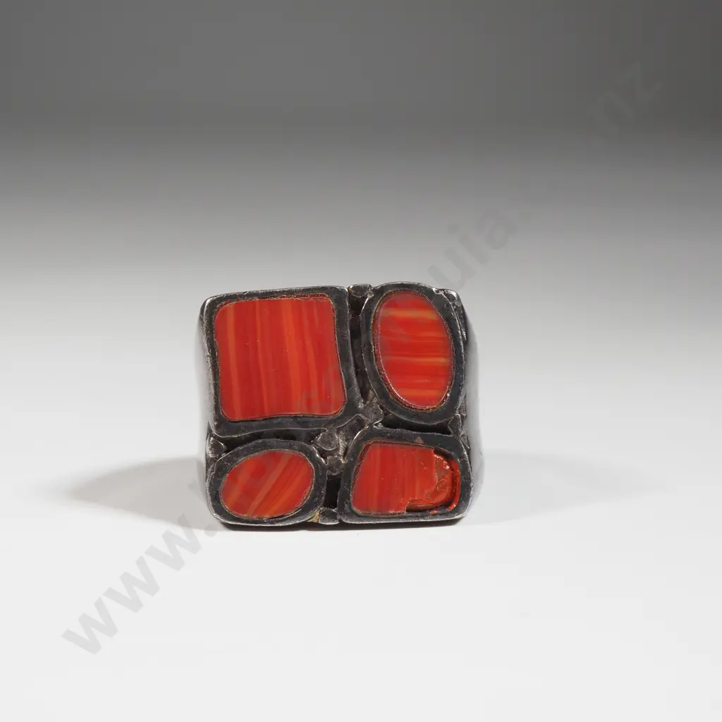 Modernist Brooch Set With Four Sections Of Striated Orange & Red Material  Image 1++