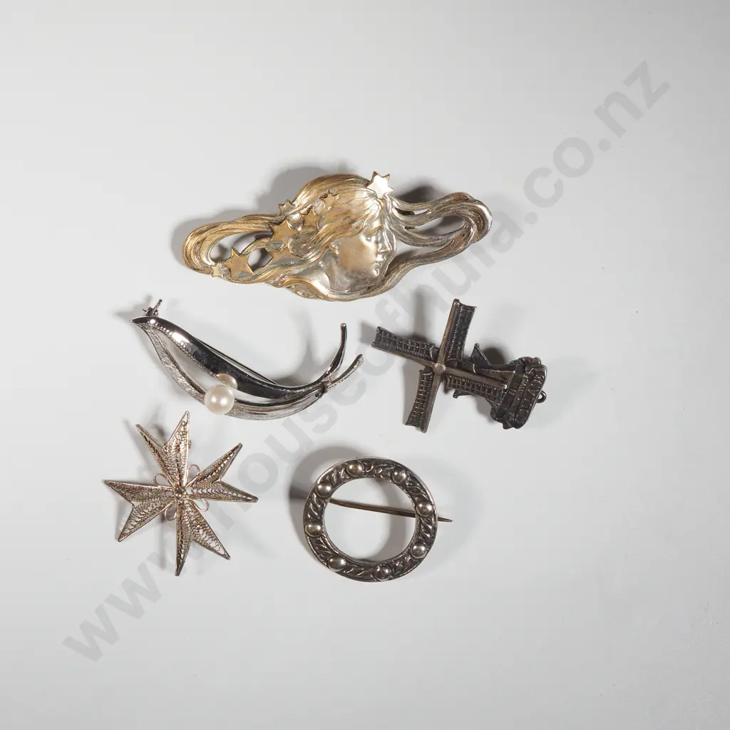 Silver Plated Art Nouveau Brooch, A Sterling Silver Windmill Brooch, Celtic Brooch, Filigree Brooch  & A Pearl Brooch Image 1++