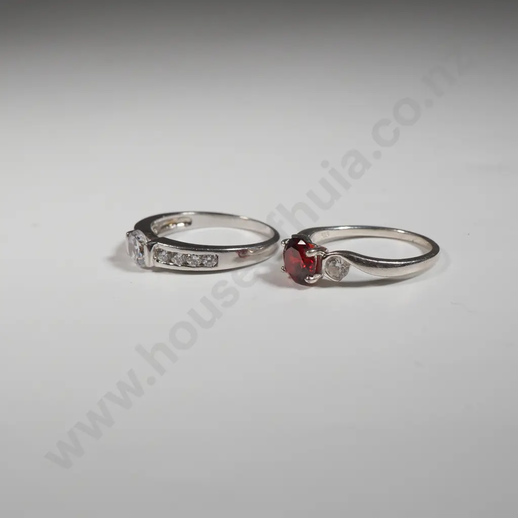 Two Sterling Silver Rings With Coloured Stones; One With Red Stone & The Other With A White Stone Image 1++