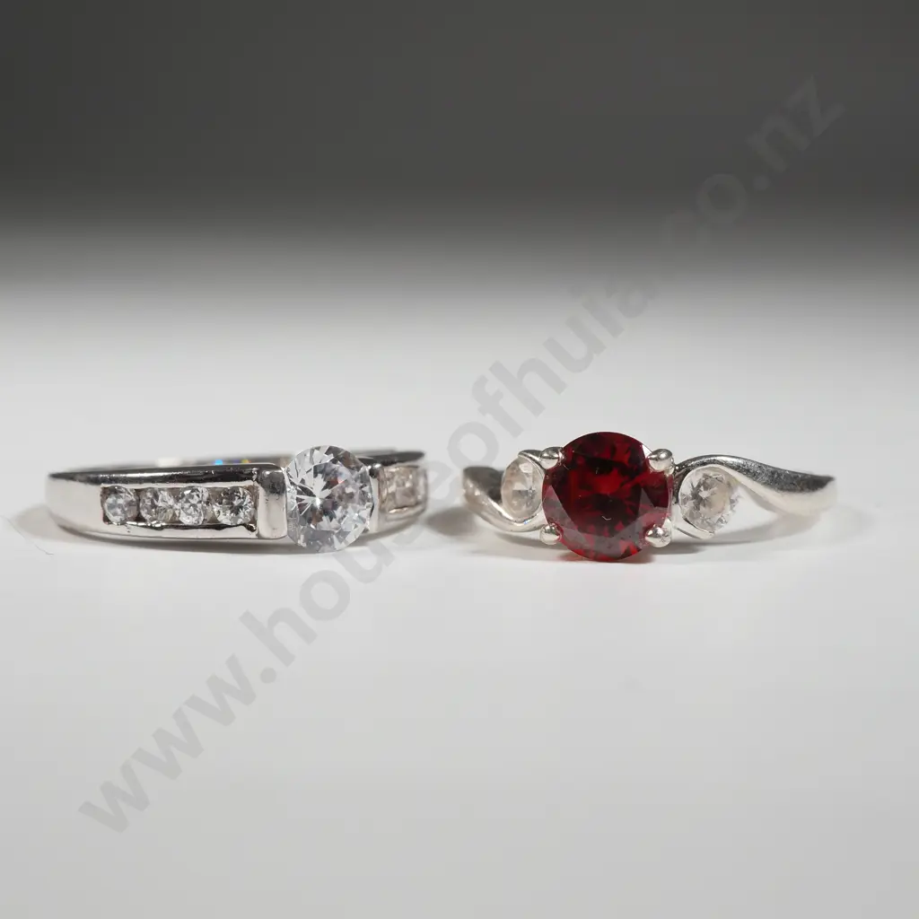 Two Sterling Silver Rings With Coloured Stones; One With Red Stone & The Other With A White Stone Image 1++