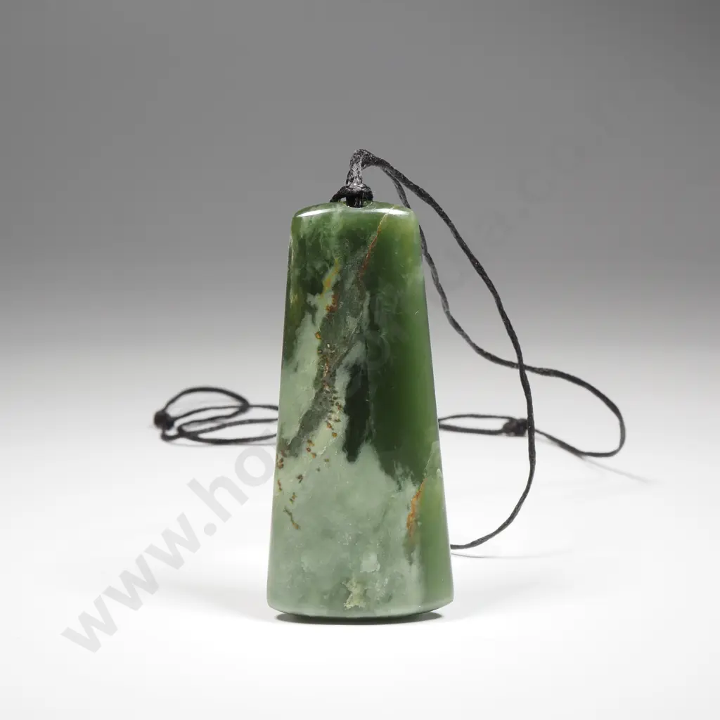 Hand-Carved Kawakawa Greenstone Pendant on a Twisted Cord, Arahura River Sourced Image 1++