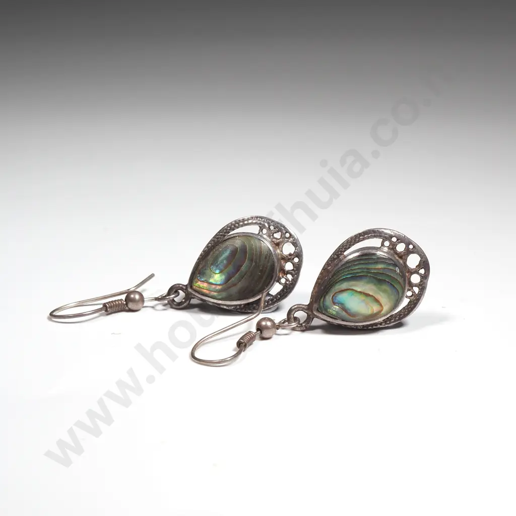 Vintage Sterling Silver & Paua Shell Bracelet, Earrings & Heart Shaped Brooch Image 1++