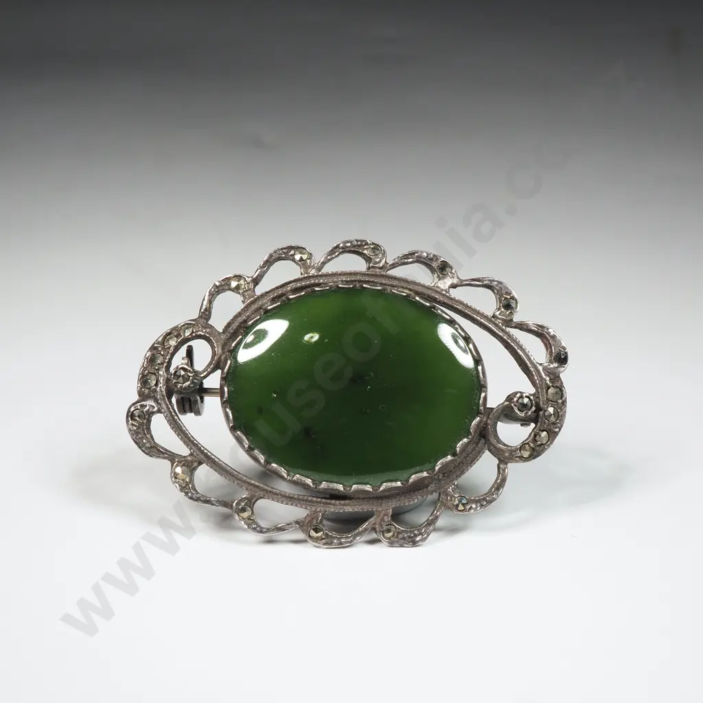 Greenstone Oval Brooch w Ornate Marcasite Mount Image 1++