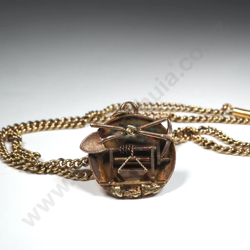 Scarce Colonial Gold Miners Pendant in 15ct Gold on Antique 9ct Gold Chain - Pendant with Windlass, Pick, Shovel, Gold N Image 1++