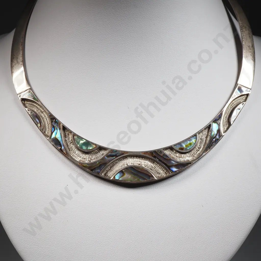 Fancy Sterling Silver & Paua Collar Necklace, Stamped 925 Image 1++