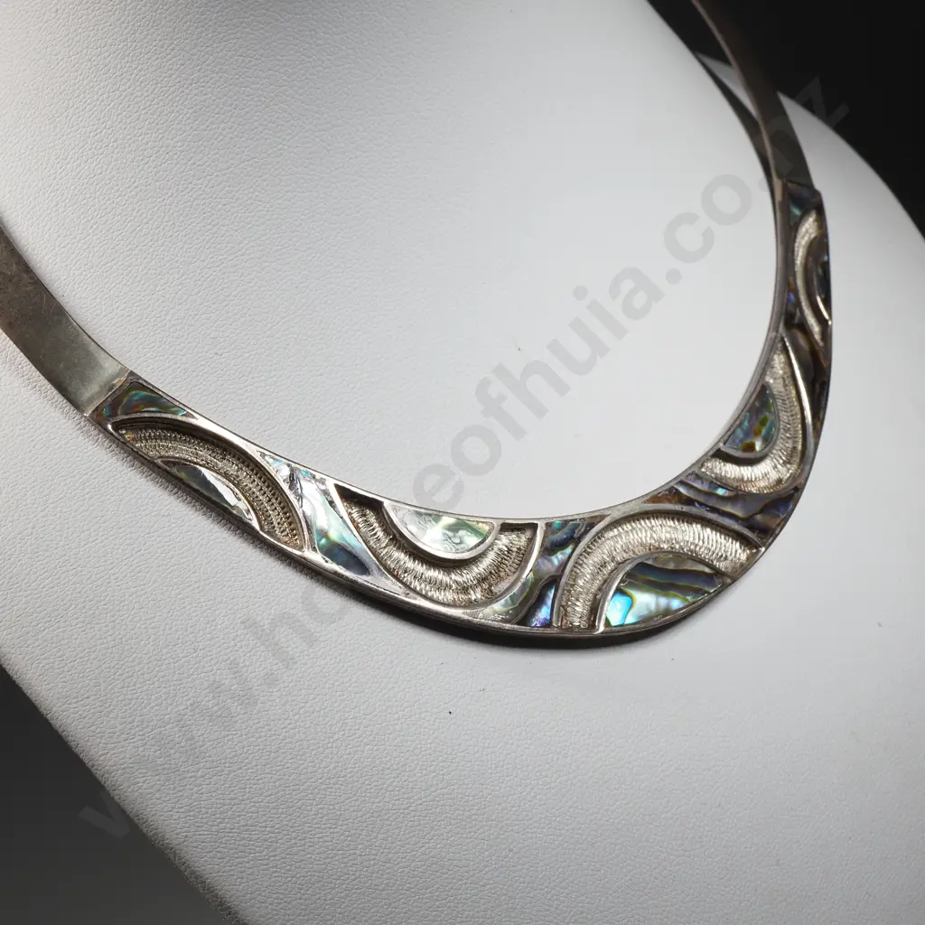 Fancy Sterling Silver & Paua Collar Necklace, Stamped 925 Image 1++