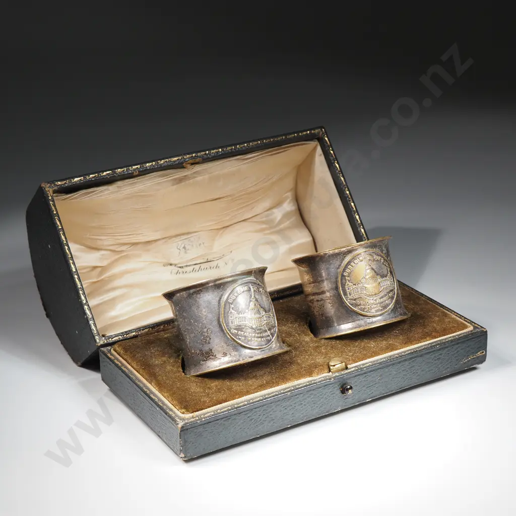 Pair of 1925/26 Dunedin Exhibition S/P Napkin Rings in Original Petersons Limited Christchurch Box Image 1++