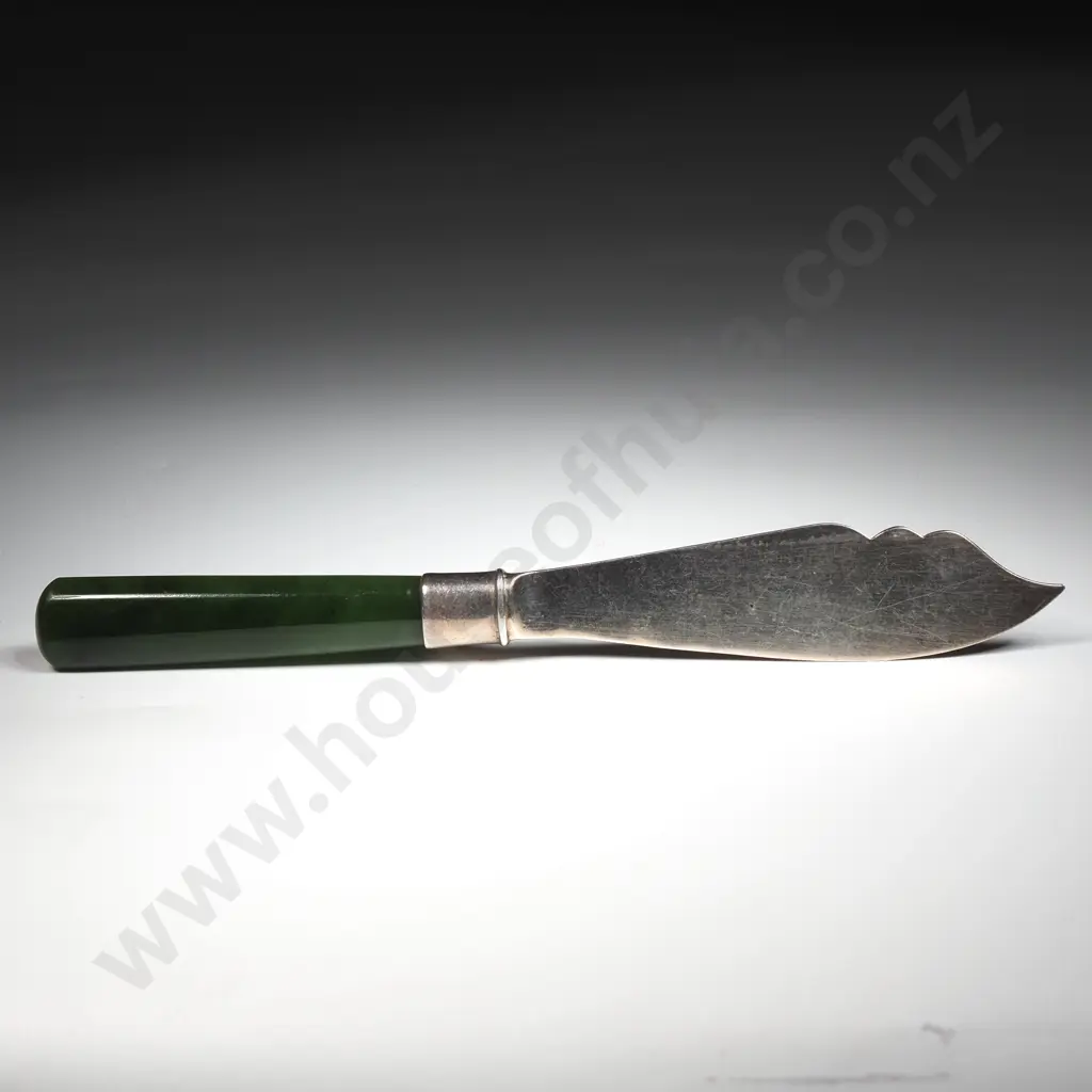Greenstone & Sterling Silver Butter Knife w Engraved Blade Image 1++