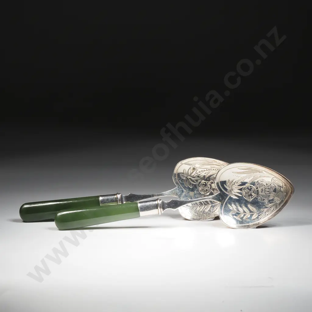 Pair of Sterling Silver & Greenstone Jam Spoons w Heart-Shaped Engraved Bowls & Stylized Māori Motifs Image 1++