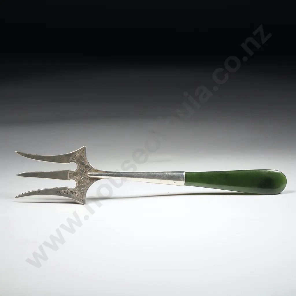 Sterling Silver Greenstone Handled Serving Fork w English Hallmarks Image 1++