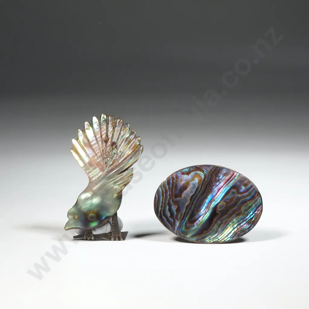 Oval Paua Shell Brooch & Another in the Form of a Fantail Image 1++