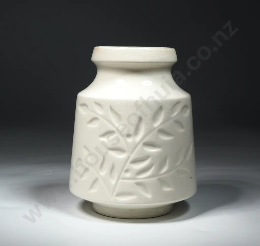 Crown Lynn Vase w Impressed Leaf Decoration, Embossed No. 2035 Image 1++