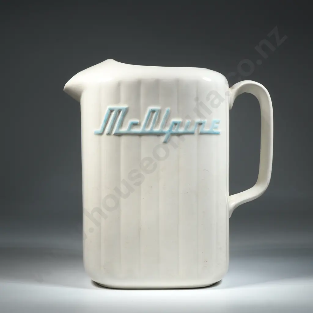 Crown Lynn White McAlpine Jug w Teal Lettering Image 1++