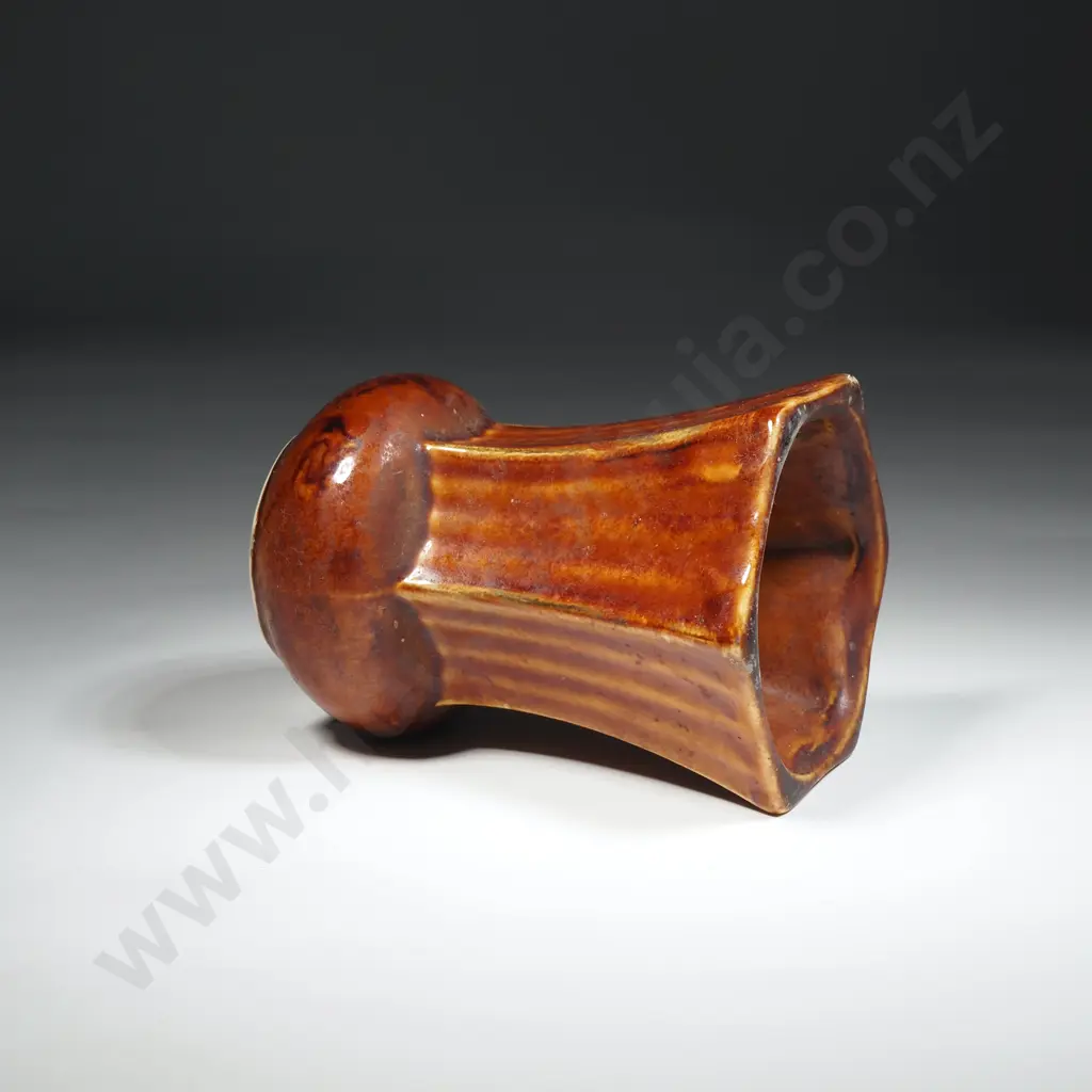 Crown Lynn Miniature Brown Glaze Vase w  Wide Bulbous Base & Six Flaring Sides. No 132 Image 1++