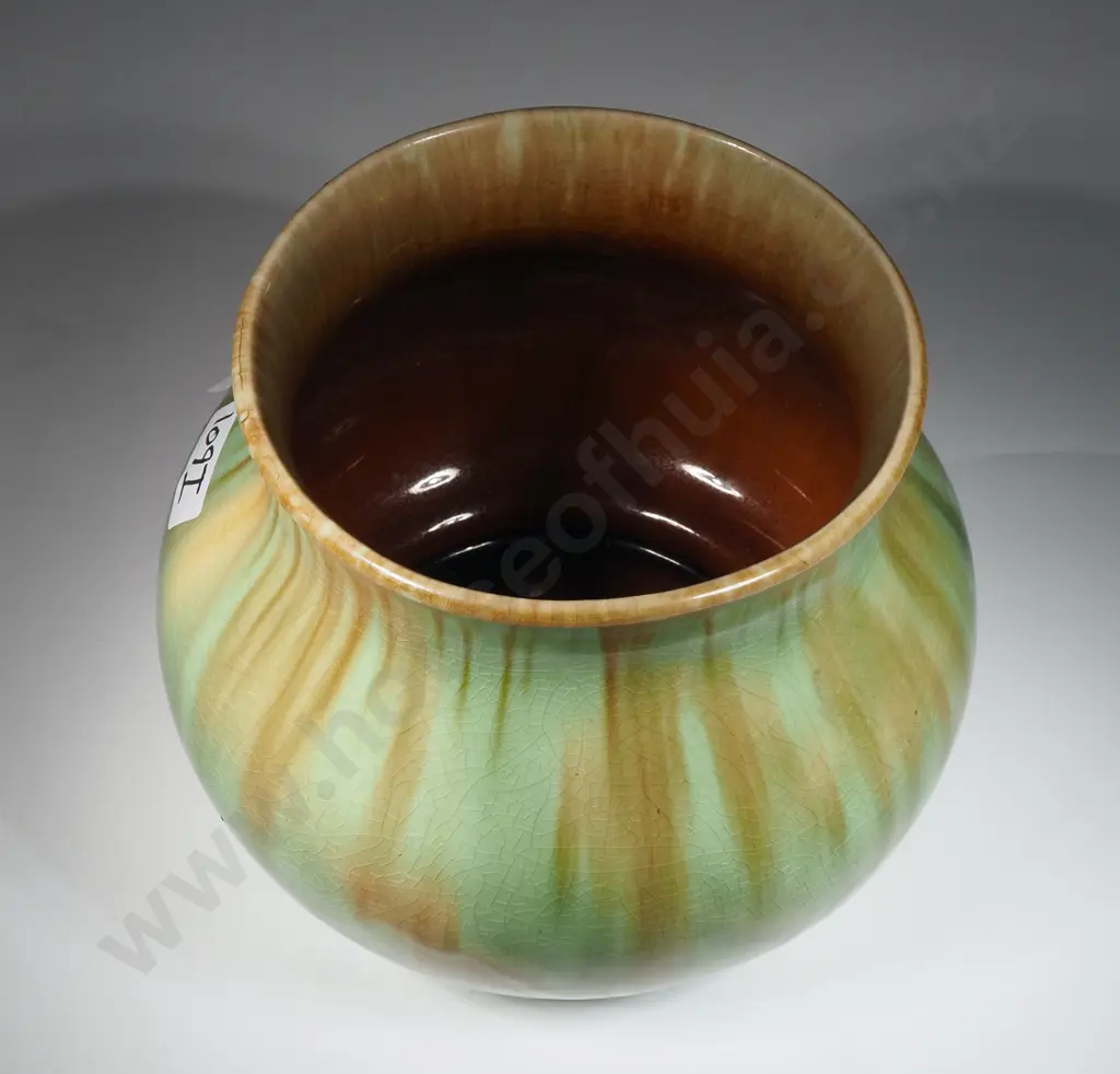 Ambrico? (Crown Lynn) Green & Brown  Glazed Pot. Marked Made in NZ. Image 1++