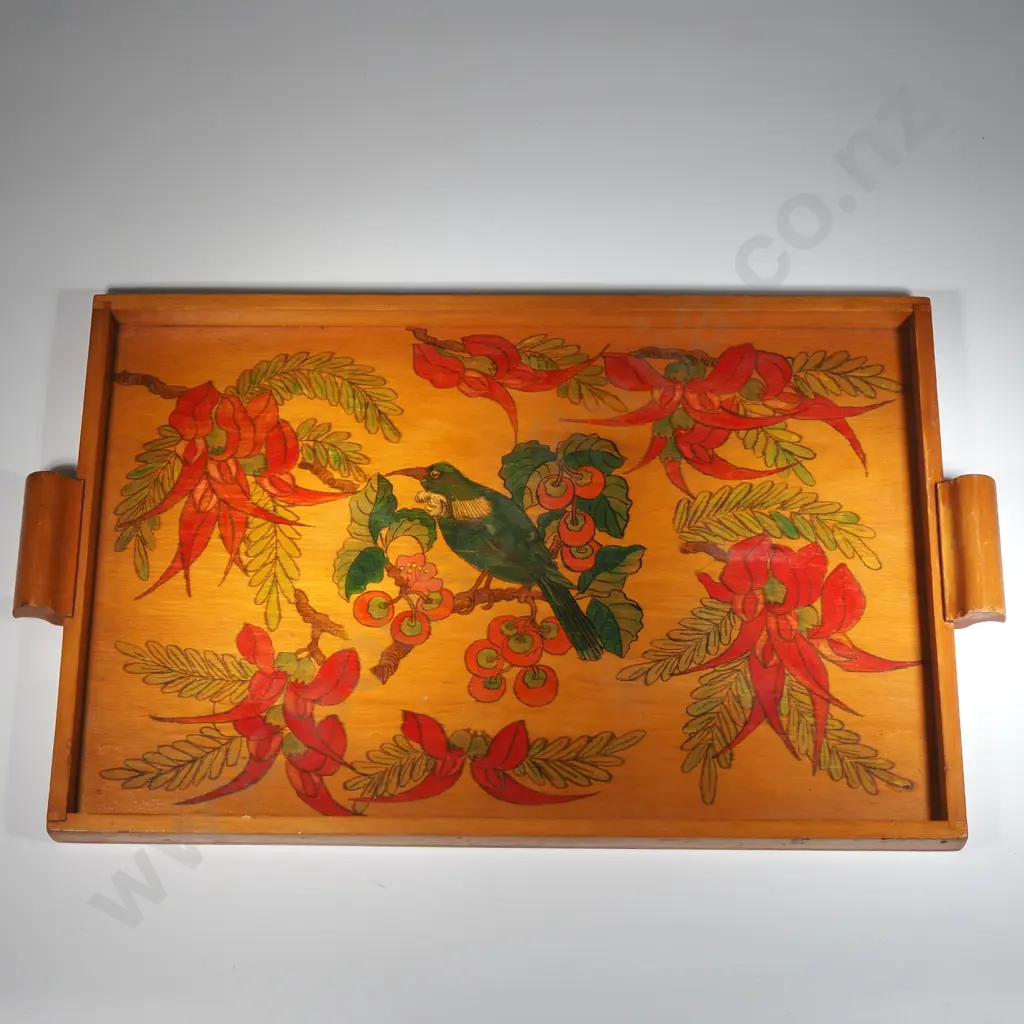 Wooden Serving Tray w Tui In A Kowhai Tree Image 1++