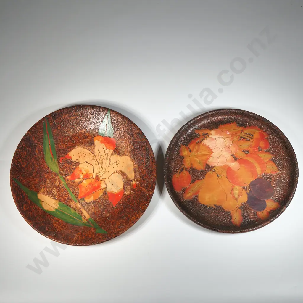 Antique Folk Art Wooden Plate & Wall Plaque. The Plate with Floral Design & The Plaque with Fruit. Image 1++