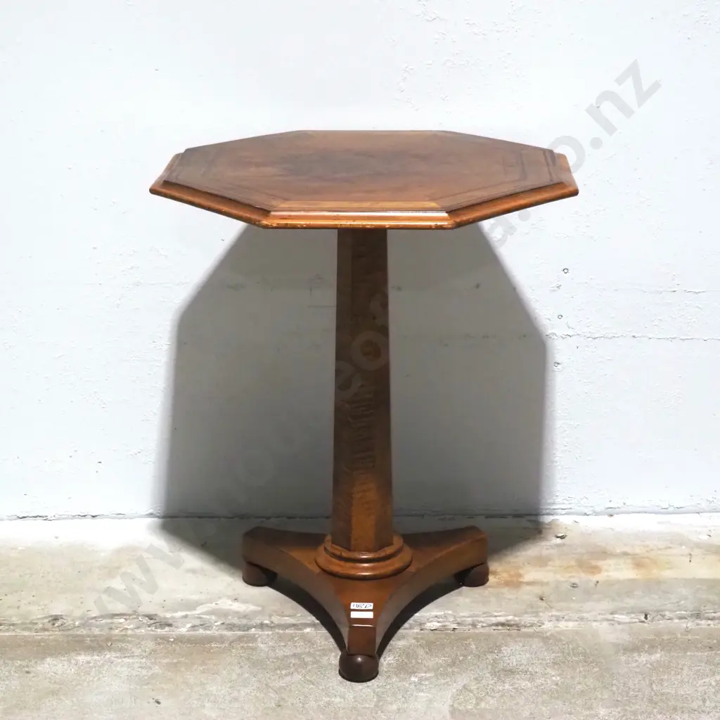 New Zealand Timber Octagonal Wine Table w Central Column On A Tripod Base.The Top Crossbanded w Variety Of Timbers Image 1++