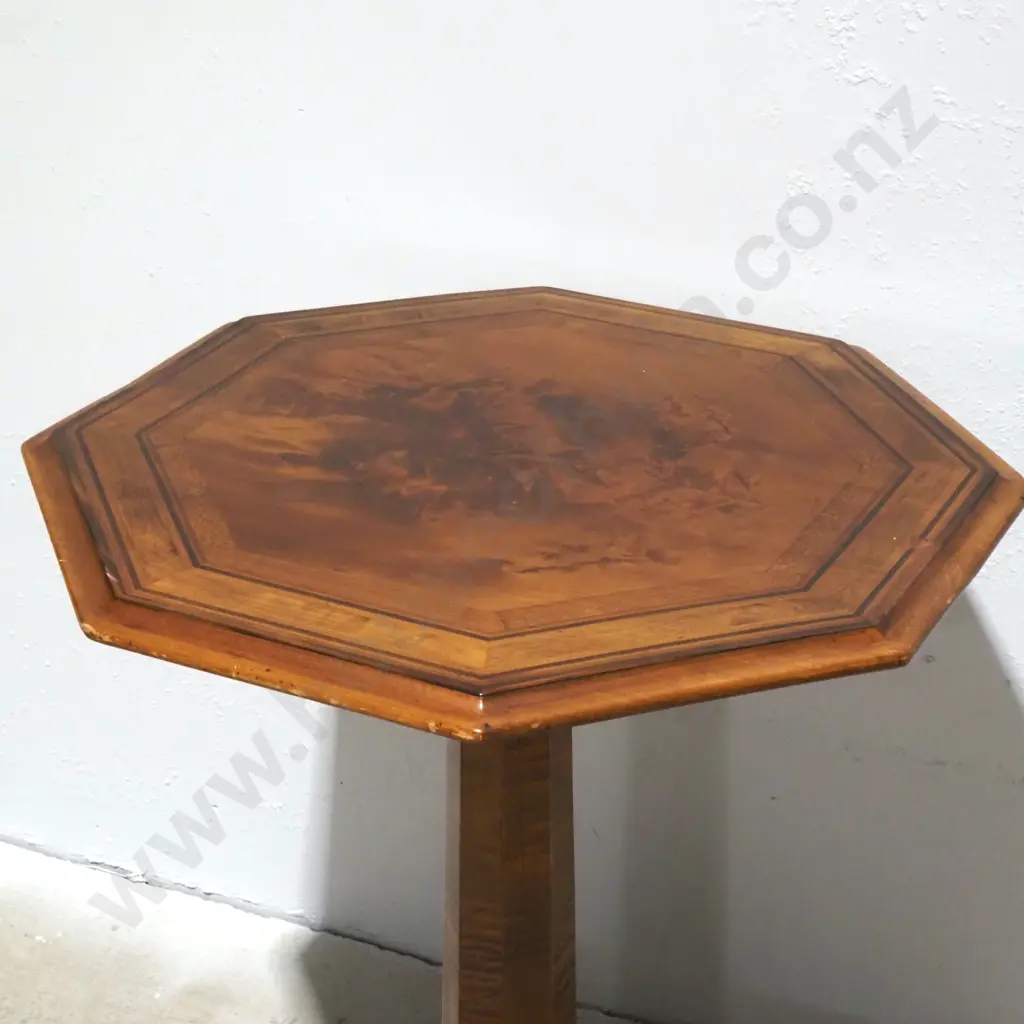 New Zealand Timber Octagonal Wine Table w Central Column On A Tripod Base.The Top Crossbanded w Variety Of Timbers Image 1++