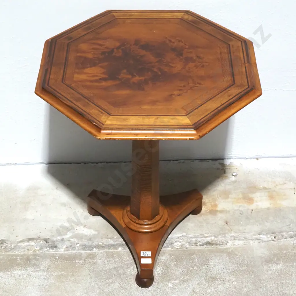 New Zealand Timber Octagonal Wine Table w Central Column On A Tripod Base.The Top Crossbanded w Variety Of Timbers Image 1++
