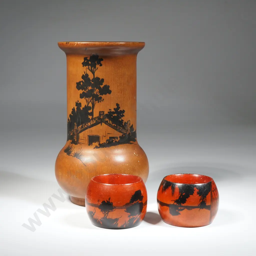 Rimu Vase Depicting A Maori Vase & Two Wooden Serviette Rings Both From The NZ & SS Exhibiton Image 1++