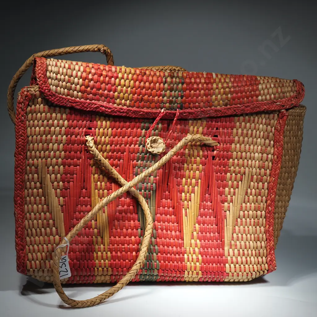 Handwoven Flax Bag or Kete in Shades of Pink, Yellow, Cream & Green w Button & Loop Closure. H330 x L375mm Image 1++