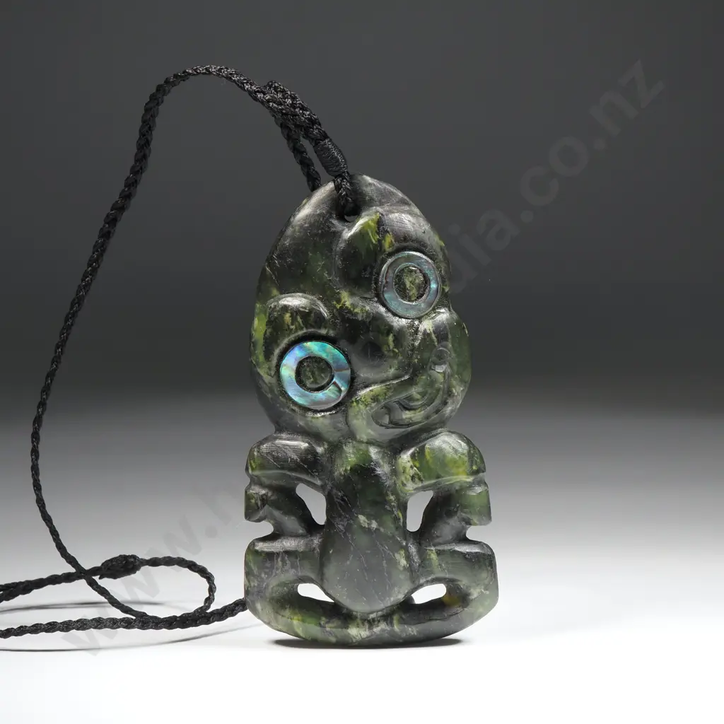 Old Style Douglas Creek Pounamu Hei Tiki w Paua Shell Eyes Image 1++