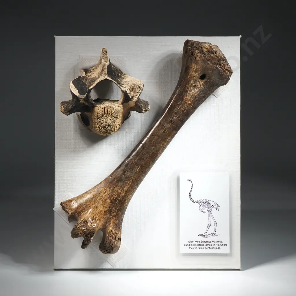 Two Giant Moa Bone Mounted On Stretched Canvas. Dinornus Maximus. Found In Limestone Tomos, in Hawkes Bay Image 1++