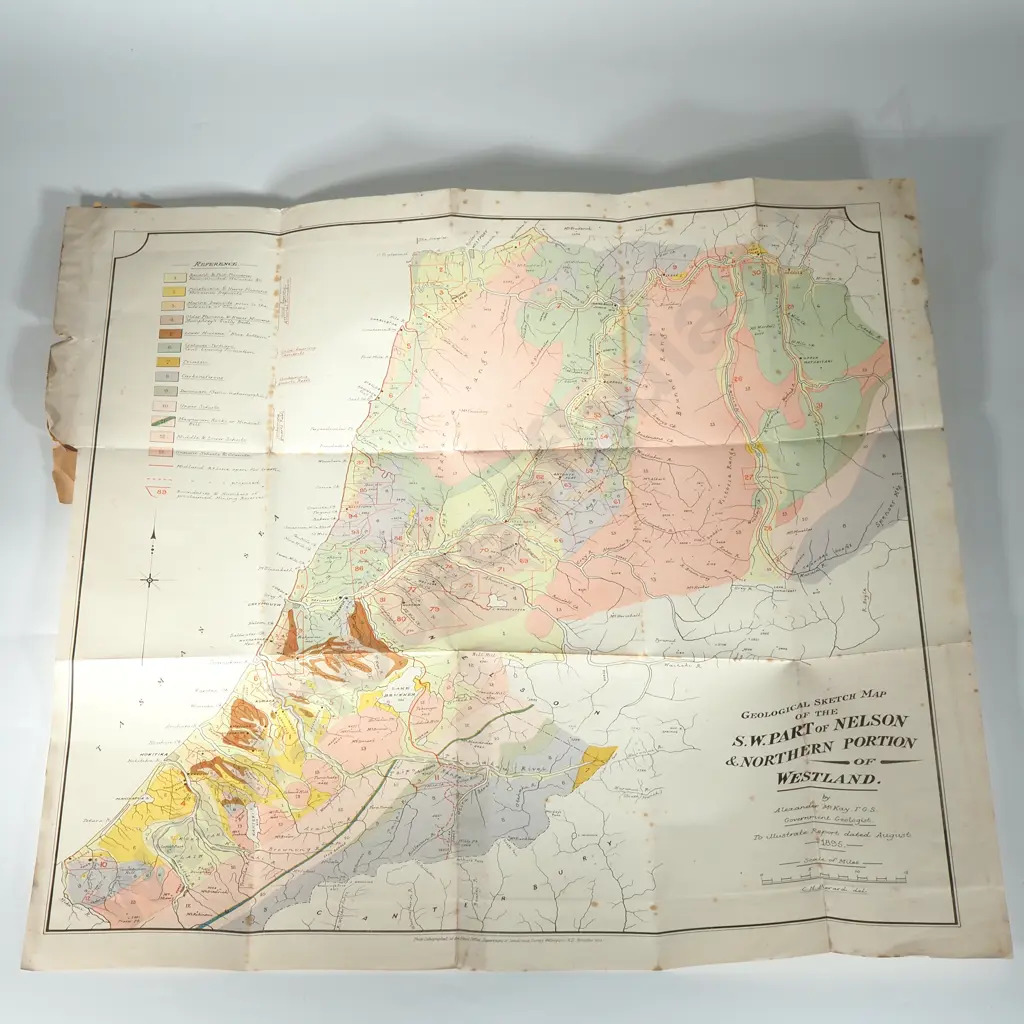 1895 Geological Sketch Map by Alexander McKay showing Gold Deposit in Nelson & Westland - Printed 1899 Image 1++