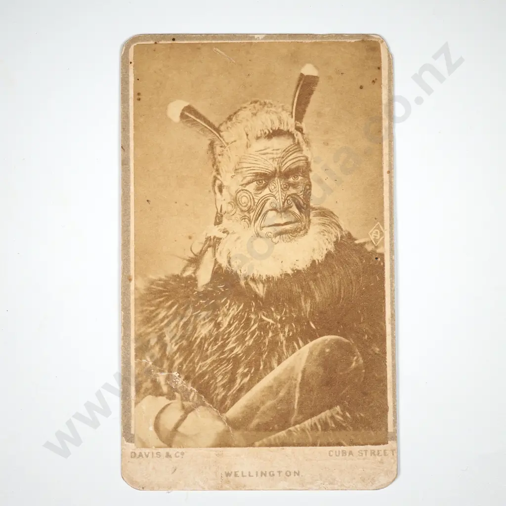 Colonial Care de Visite of Maori Chief w Huia Feathers, Feather Cloak, Holding a Patu - Davis & Co, Welington Image 1++