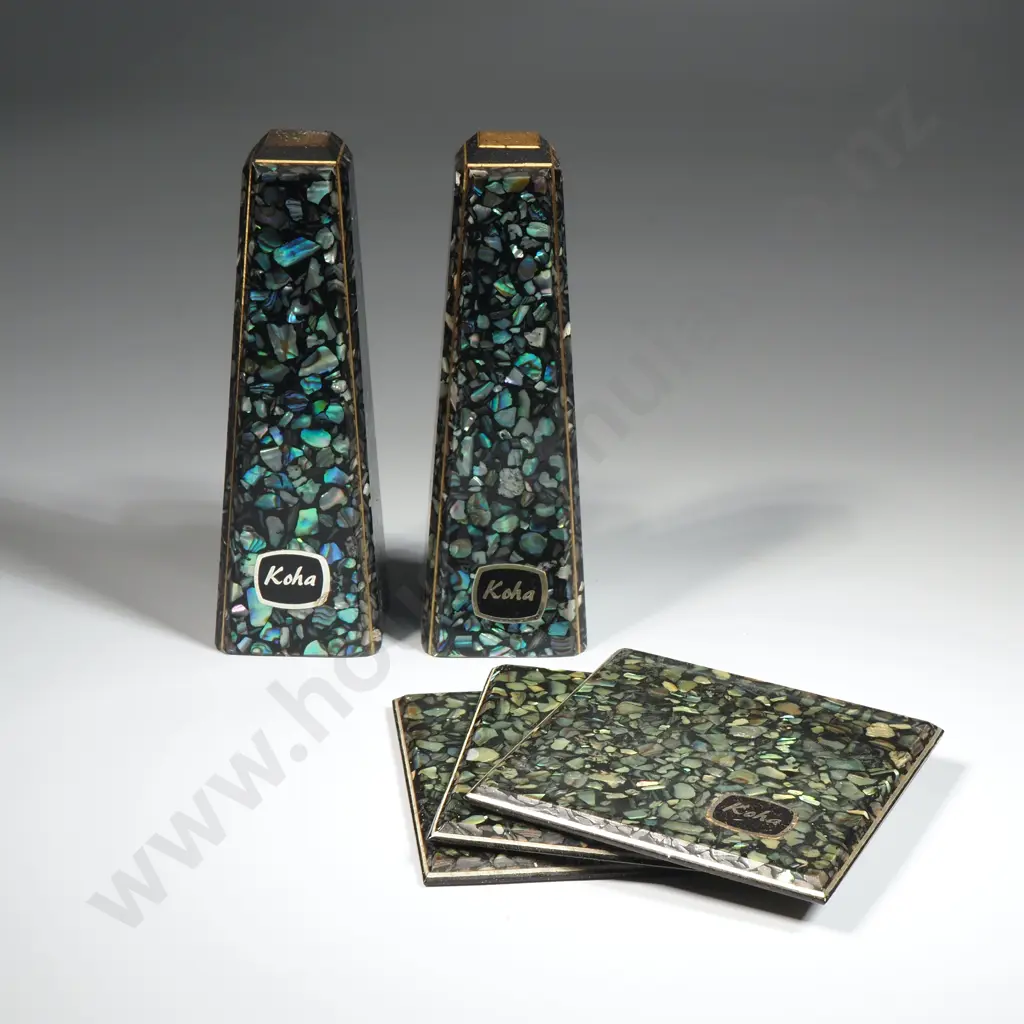 Paua Salt & Pepper Shakers & Three Paua Coasters Image 1++