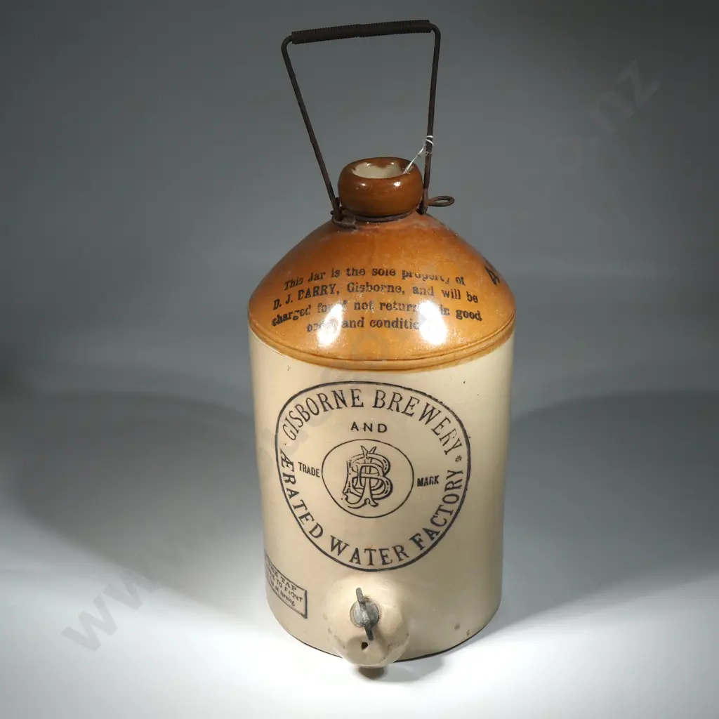 Stoneware Two Tone Crock From The Gisborne Brewery & Aerated Water Factory w Instruction For The Spigot Image 1++